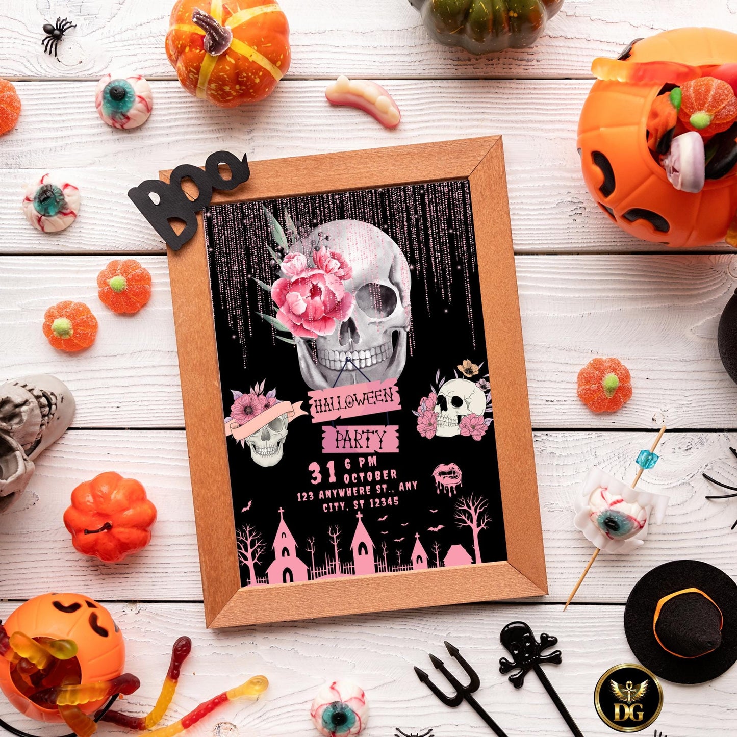 Pink Floral Skull Halloween Party Invitation, Editable Canva Template, Spooky Chic Gothic Invite, Printable Digital Download