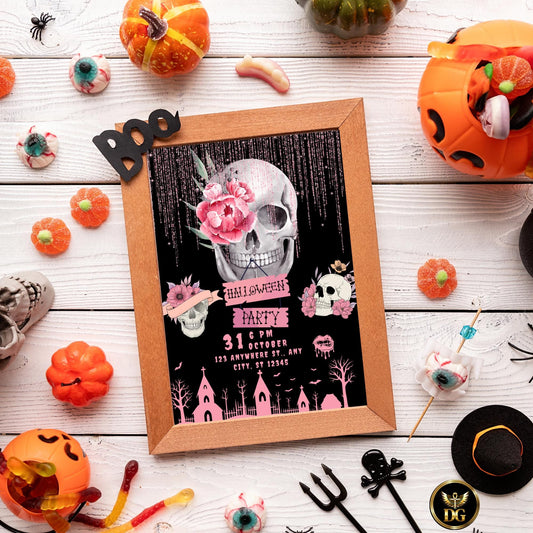 Pink Floral Skull Halloween Party Invitation, Editable Canva Template, Spooky Chic Gothic Invite, Printable Digital Download