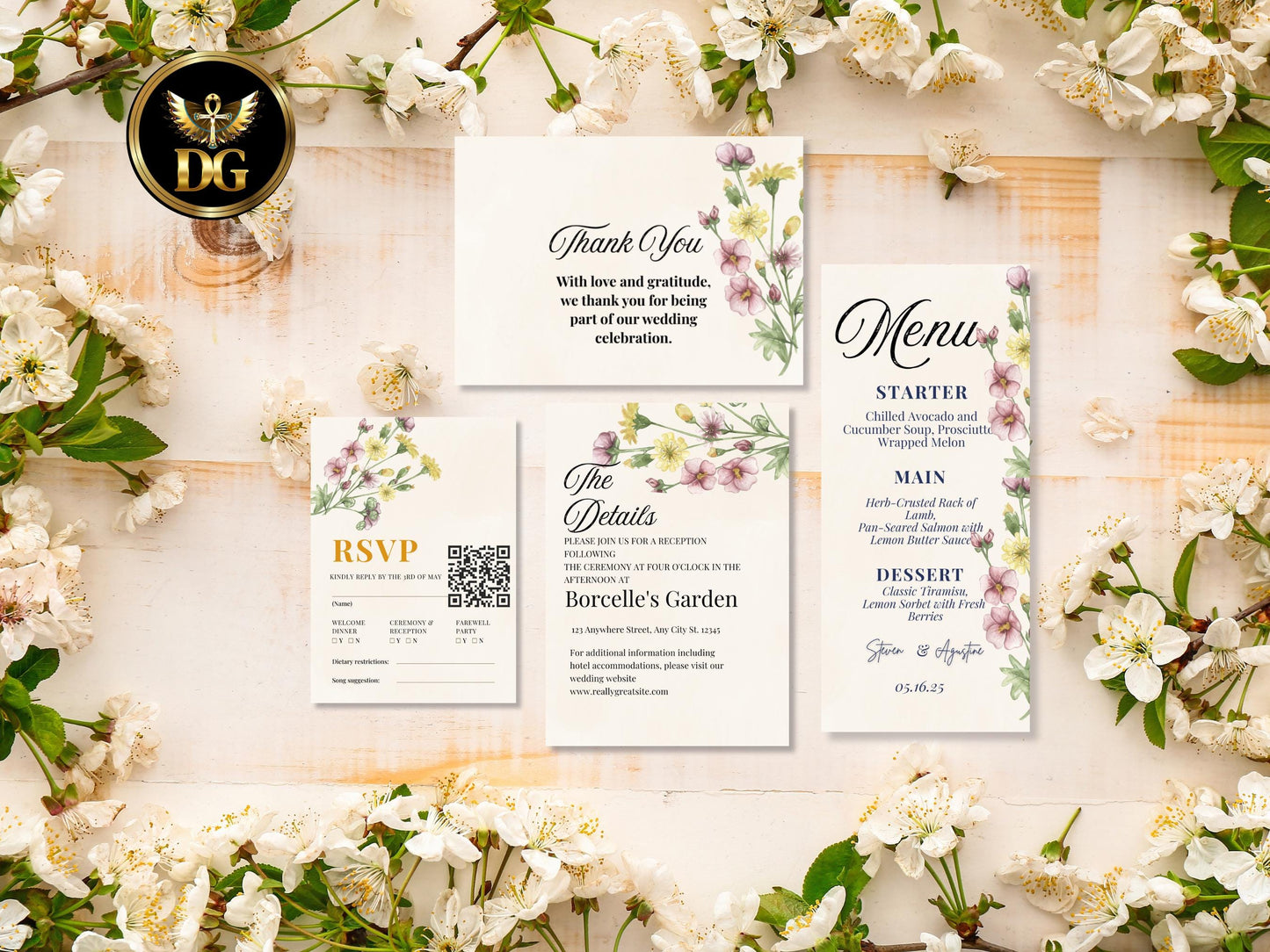 Floral Wedding Invitation Suite: Pink & Yellow (Digital Download)