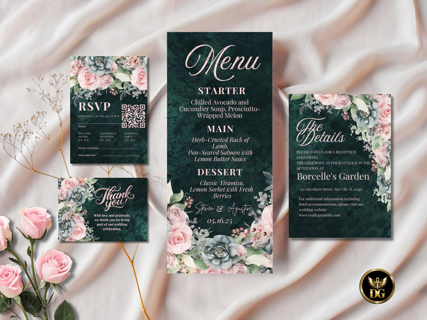 Emerald Green Floral Wedding Invitation Suite (Digital Download) Printable Invitation Template Editable Canva Instant Download