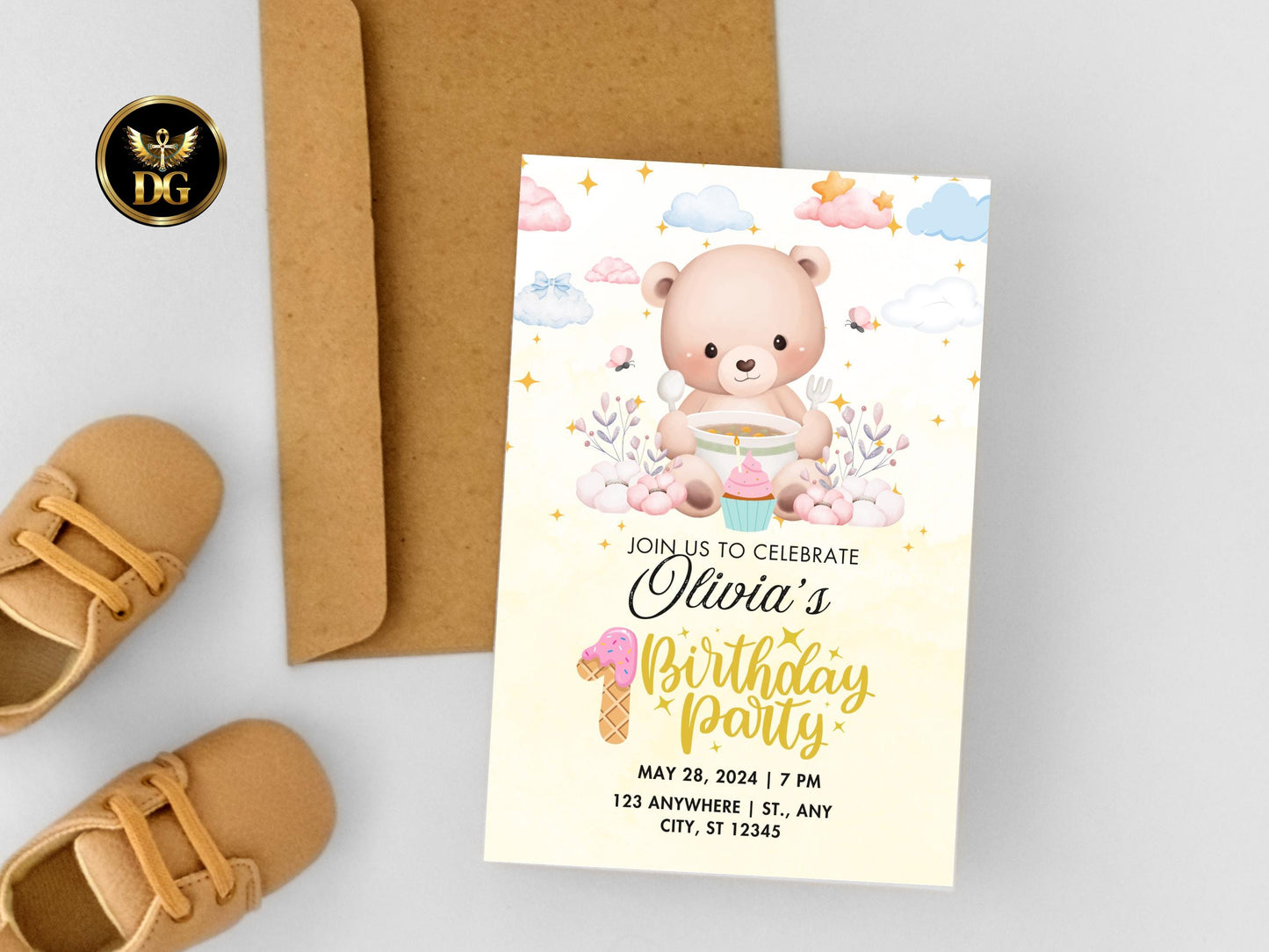 Teddy Bear Birthday Invitation: Pastel Stars, Whimsical First Birthday (Digital Download)