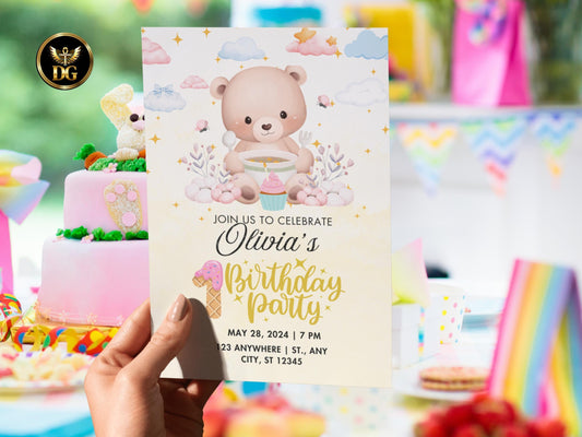 Teddy Bear Birthday Invitation: Pastel Stars, Whimsical First Birthday (Digital Download)