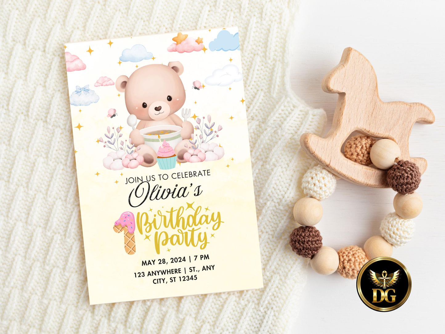 Teddy Bear Birthday Invitation: Pastel Stars, Whimsical First Birthday (Digital Download)