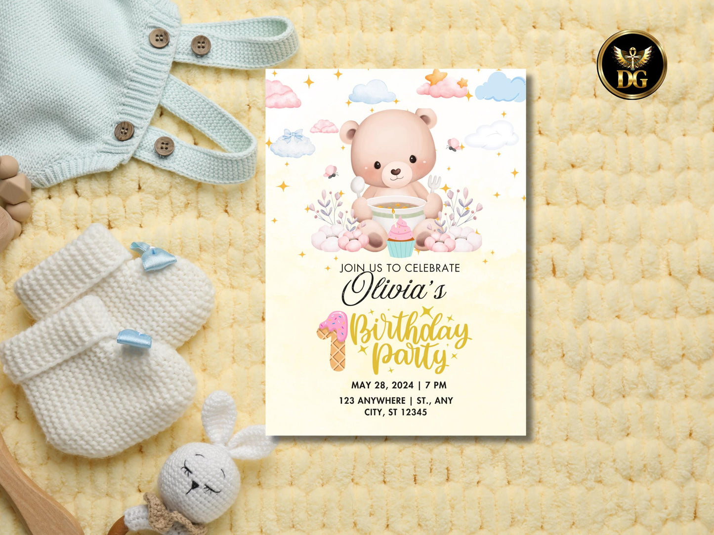 Teddy Bear Birthday Invitation: Pastel Stars, Whimsical First Birthday (Digital Download)