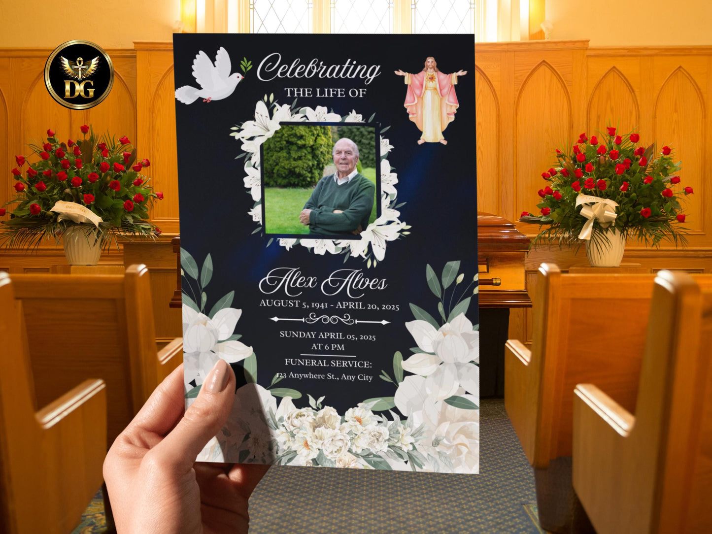 White Floral Christian Funeral Invitation Template (Digital Download)