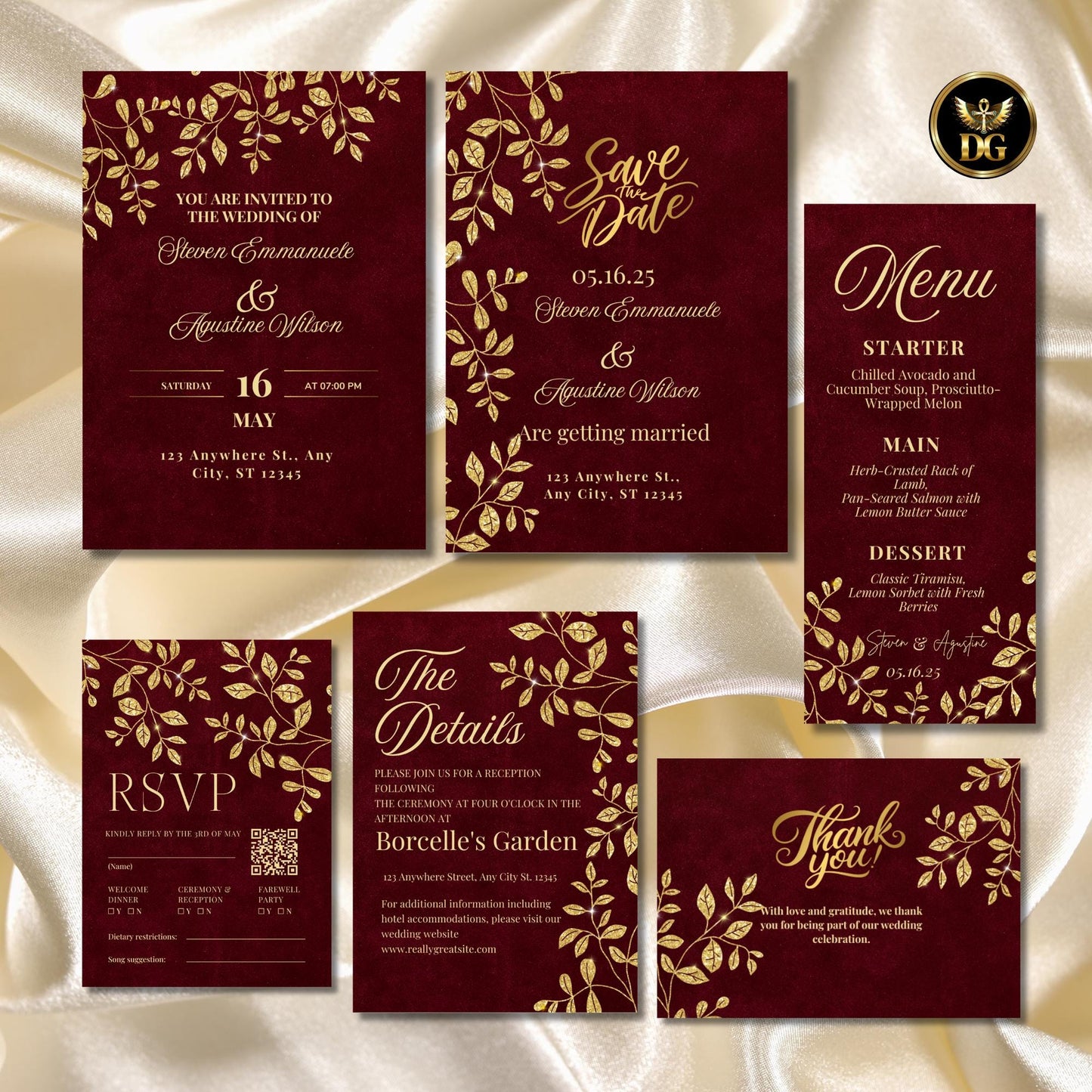 Elegant Burgundy Wedding Invitation with Gold Leaves | Luxury Printable Invite Set | Classic Red & Gold Wedding Card