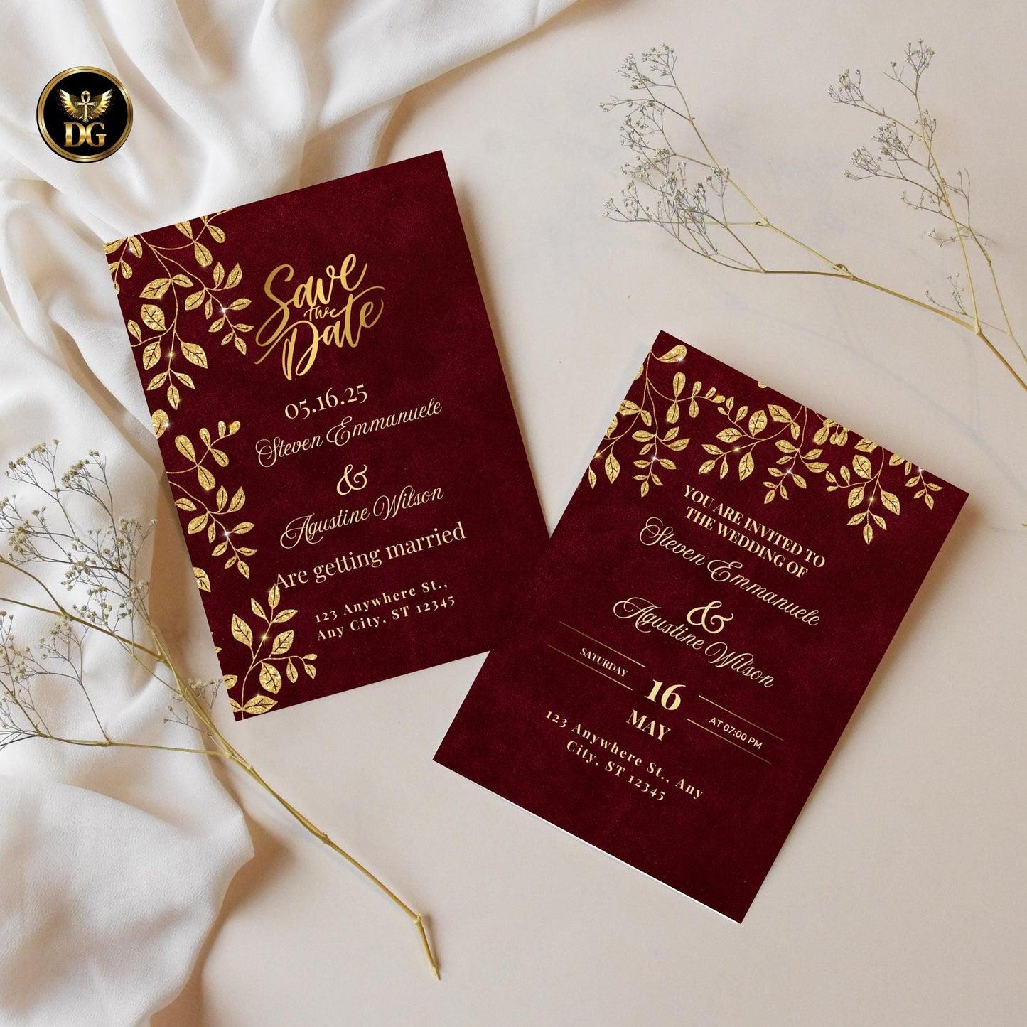 Elegant Burgundy Wedding Invitation with Gold Leaves | Luxury Printable Invite Set | Classic Red & Gold Wedding Card
