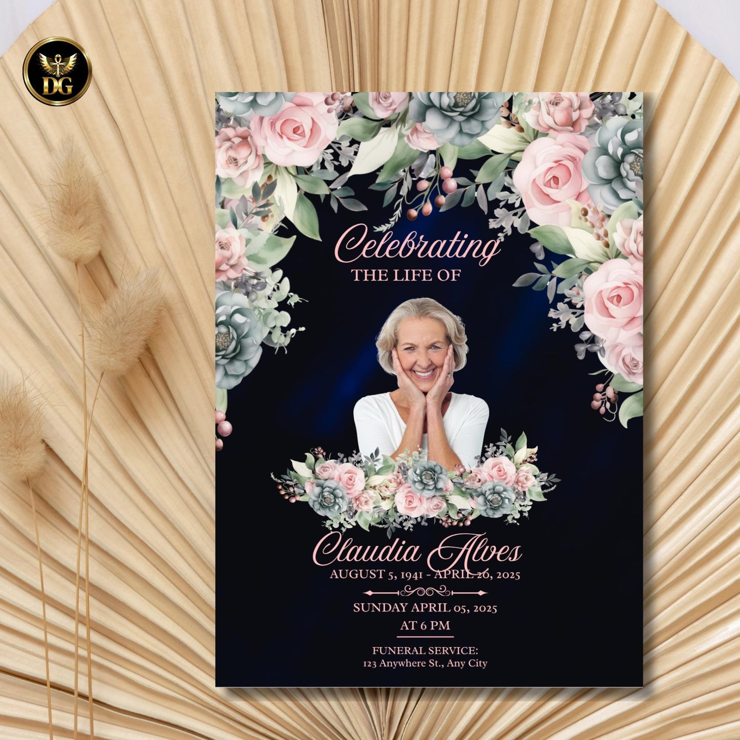Navy Funeral Invitation with Pink Flowers | Memorial Service Invitation | Celebration of Life Printable Card