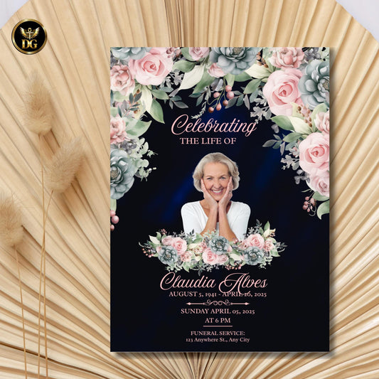 Navy Funeral Invitation with Pink Flowers | Memorial Service Invitation | Celebration of Life Printable Card