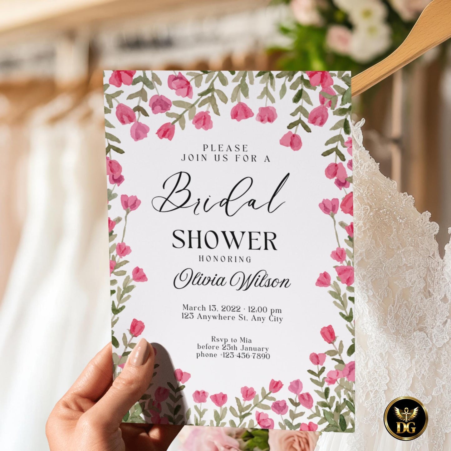 Red Floral Bridal Shower Invitation Suite, Editable Canva Template, Watercolor Greenery Design, Printable Invite with Details & RSVP Cards