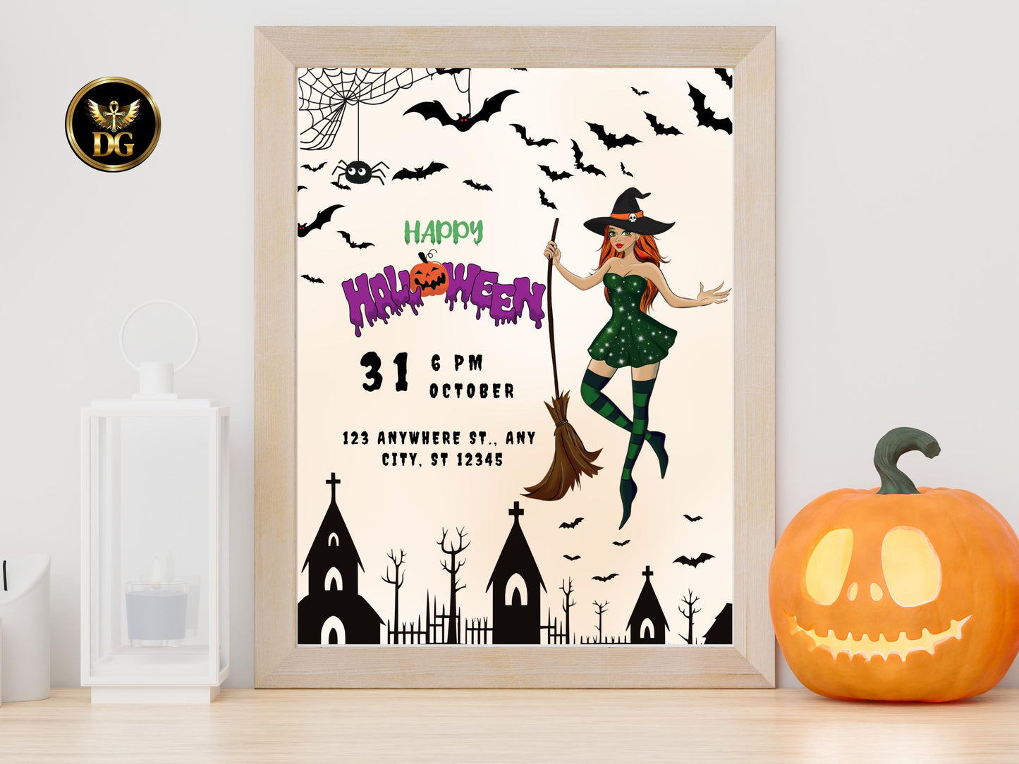 Spooky Witch Halloween Party Invitation Editable Printable Template Gothic Pumpkin Digital Download Template Editable Canva Instant Download