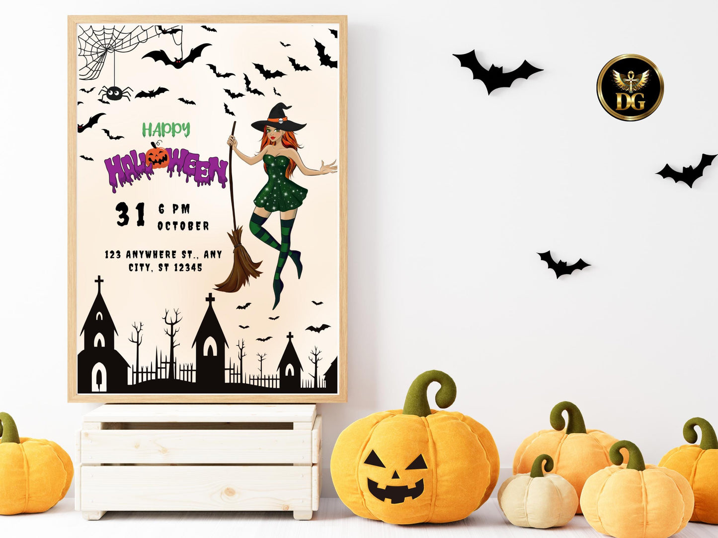 Spooky Witch Halloween Party Invitation Editable Printable Template Gothic Pumpkin Digital Download Template Editable Canva Instant Download