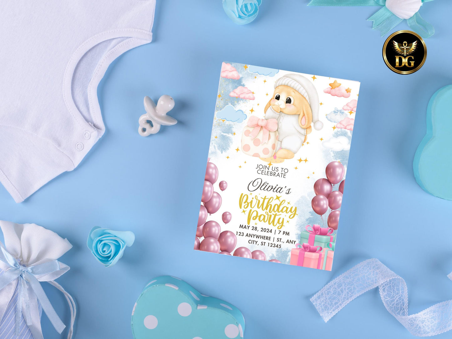 Cute Baby First Birthday Invitation - Editable Printable Template - Pastel Digital Download Printable Invitation Template Editable Canva