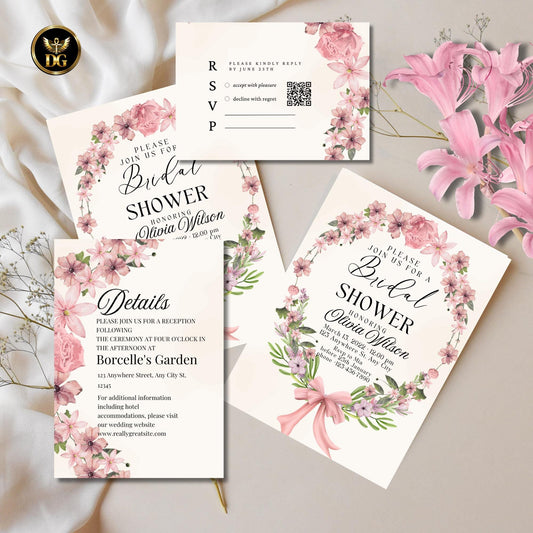Pink Floral Bridal Shower Invitation Suite, Editable Canva Template, Beige Watercolor with RSVP & Details Cards, Elegant Instant Download