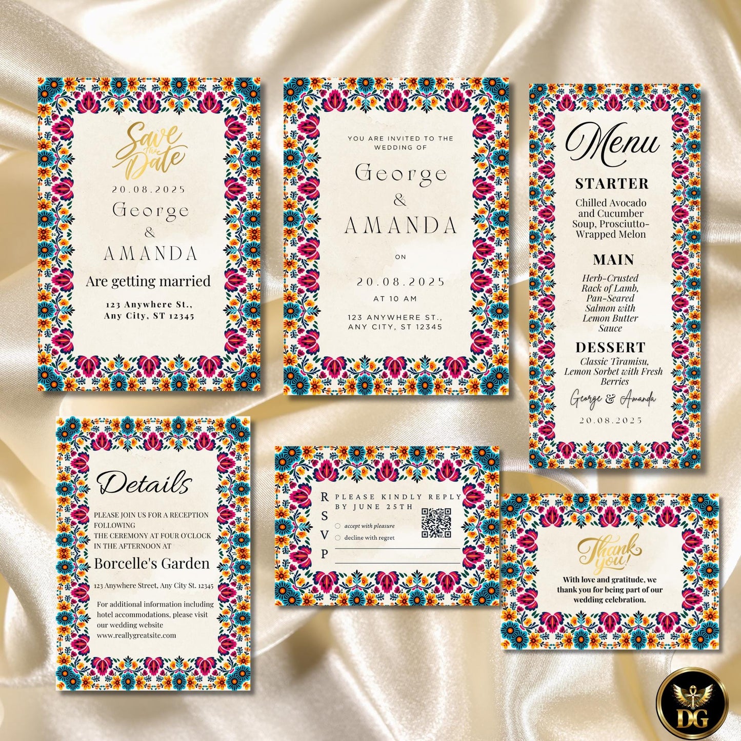 Mexican Style Wedding Invitation Suite, Boho Elegant Beige & Gold, Watercolor Template, Editable Canva, Printable Bundle with 6 Cards