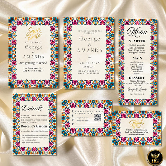 Mexican Style Wedding Invitation Suite, Boho Elegant Beige & Gold, Watercolor Template, Editable Canva, Printable Bundle with 6 Cards