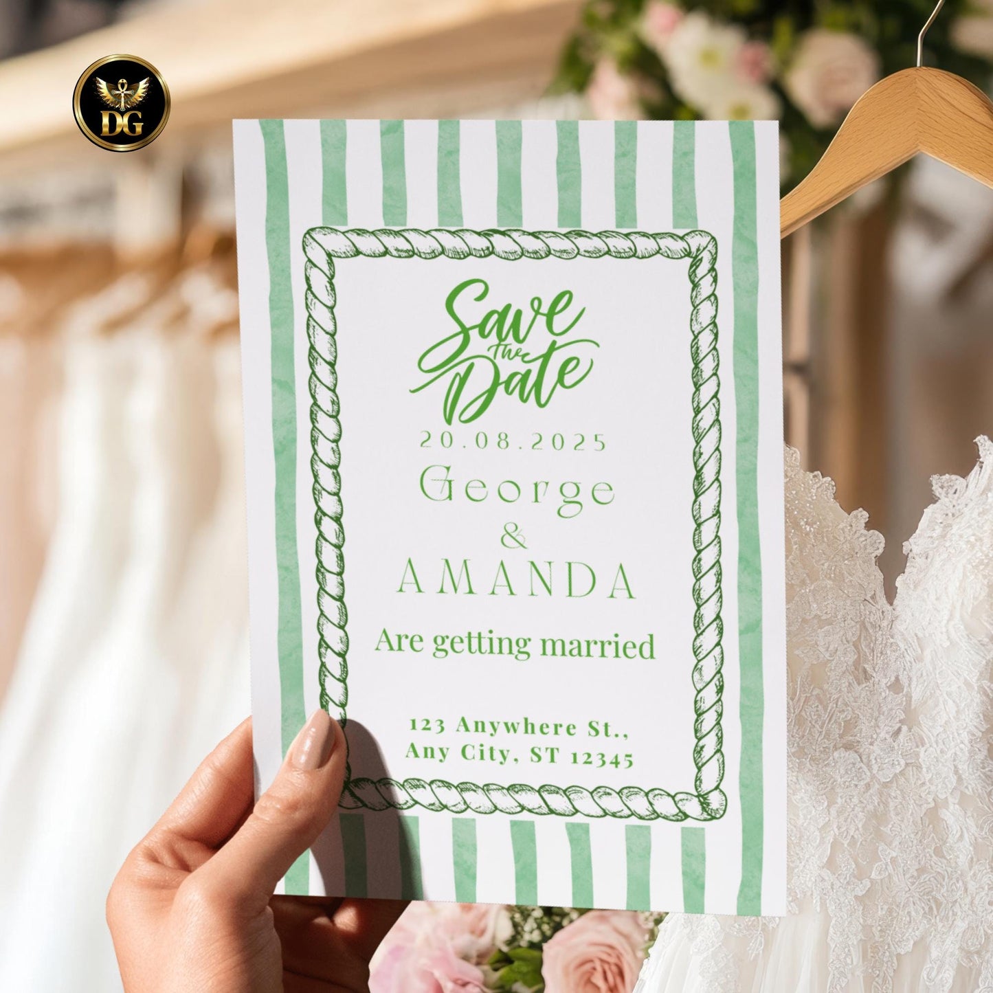 Green Striped Wedding Invitation Suite, Editable Canva Template, Classic Elegant Design, Printable Bundle with Menu, RSVP & Thank You Cards