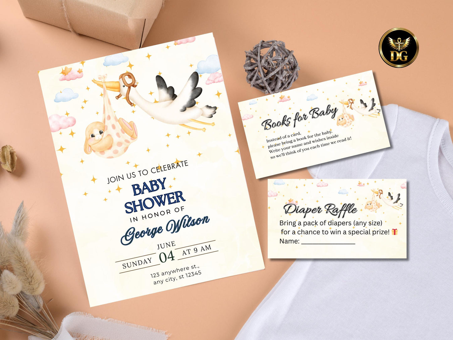 Baby Shower Invitation Diaper Raffle & Books for Baby Cards Cute Gender Neutral Set Printable Invitation Template Editable Instant Download