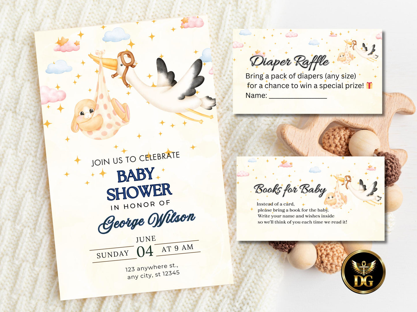Baby Shower Invitation Diaper Raffle & Books for Baby Cards Cute Gender Neutral Set Printable Invitation Template Editable Instant Download