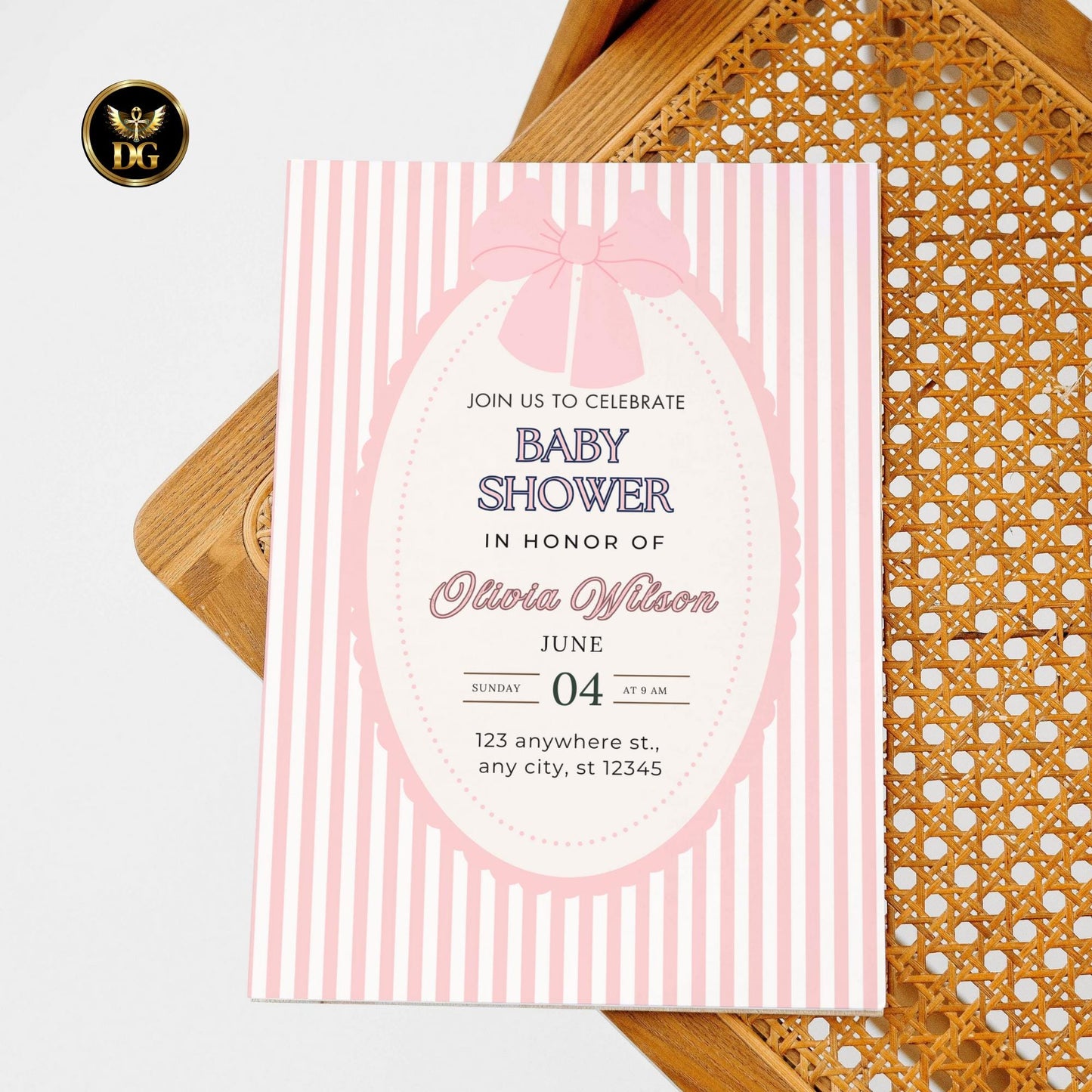 Pink Striped Baby Shower Invitation Suite, Editable Canva Template, Elegant Girl Shower with Bow, Oval Frame, Diaper Raffle & Book Card