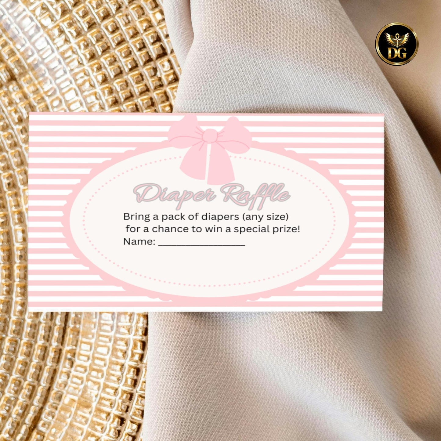 Pink Striped Baby Shower Invitation Suite, Editable Canva Template, Elegant Girl Shower with Bow, Oval Frame, Diaper Raffle & Book Card