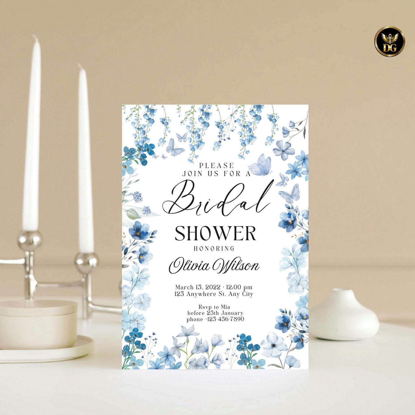 Blue Floral Bridal Shower Invitation Suite, Editable Canva Template, Watercolor Flowers, Elegant Printable Cards, Details &RSVP, Baby Shower