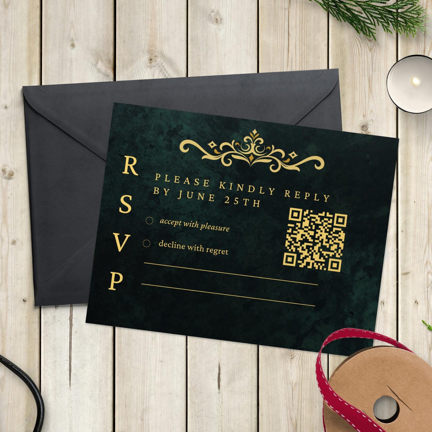Royal Green and Gold Wedding Invitation Suite, Elegant Crown Invite, Emerald Luxury Template, Editable Canva, Printable Download