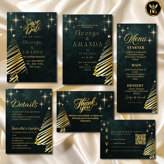 Emerald Green & Gold Christmas Wedding Invitation Suite, Editable Canva Template, Luxury Holiday Wedding, Winter Invite, Printable Download