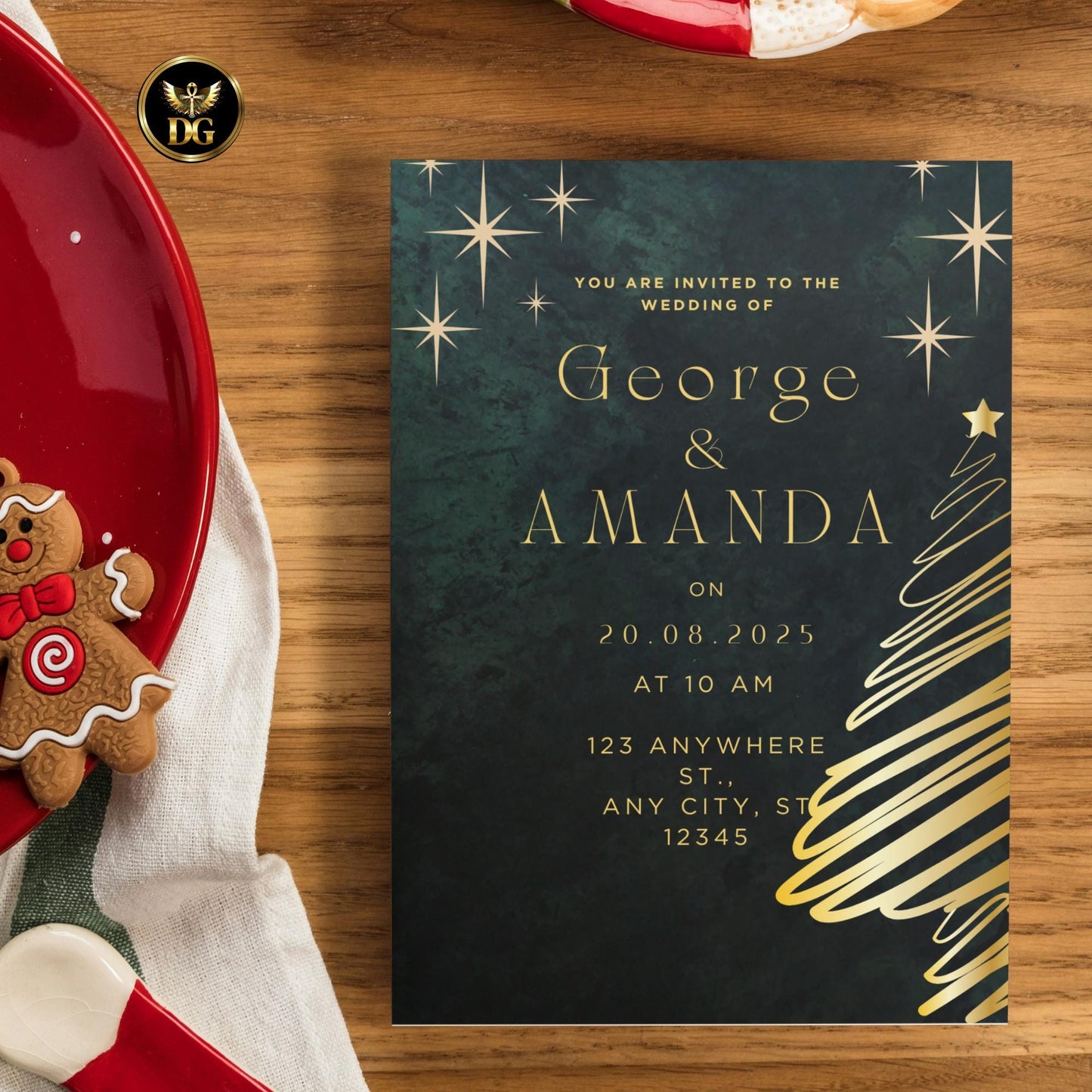 Emerald Green & Gold Christmas Wedding Invitation Suite, Editable Canva Template, Luxury Holiday Wedding, Winter Invite, Printable Download