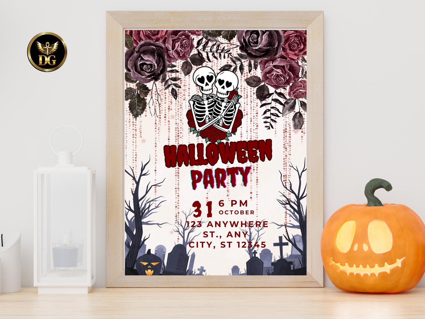 Spooky Halloween Party Invitation | Skeleton Couple Invite | Gothic Adult Halloween Card | Printable Editable Template