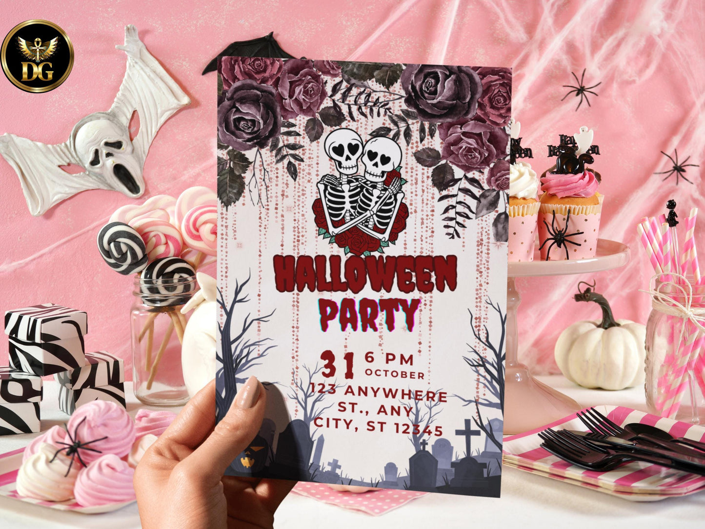 Spooky Halloween Party Invitation | Skeleton Couple Invite | Gothic Adult Halloween Card | Printable Editable Template