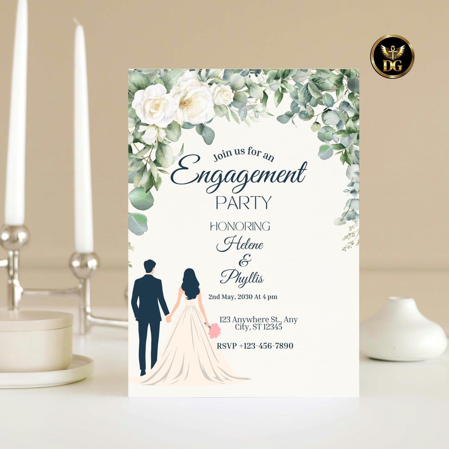 Engagement Party Invitation, Printable Template, Canva Editable, Green Foliage, Neutral Wedding, Couple Illustration, Invite Suite