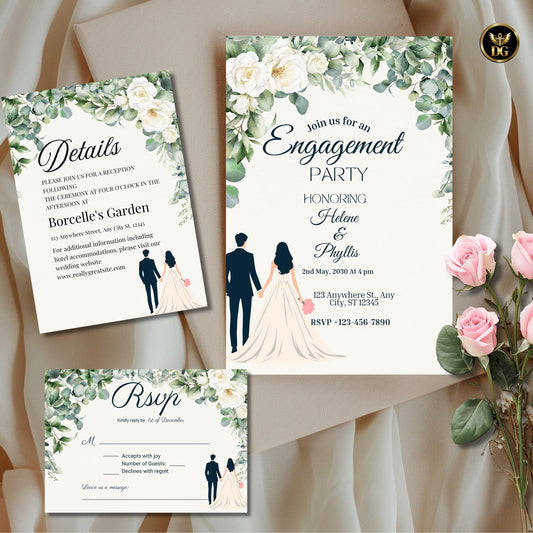 Engagement Party Invitation, Printable Template, Canva Editable, Green Foliage, Neutral Wedding, Couple Illustration, Invite Suite