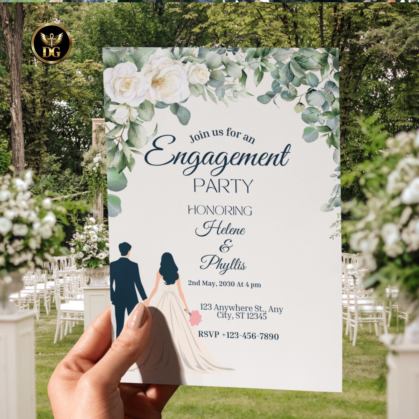 Engagement Party Invitation, Printable Template, Canva Editable, Green Foliage, Neutral Wedding, Couple Illustration, Invite Suite