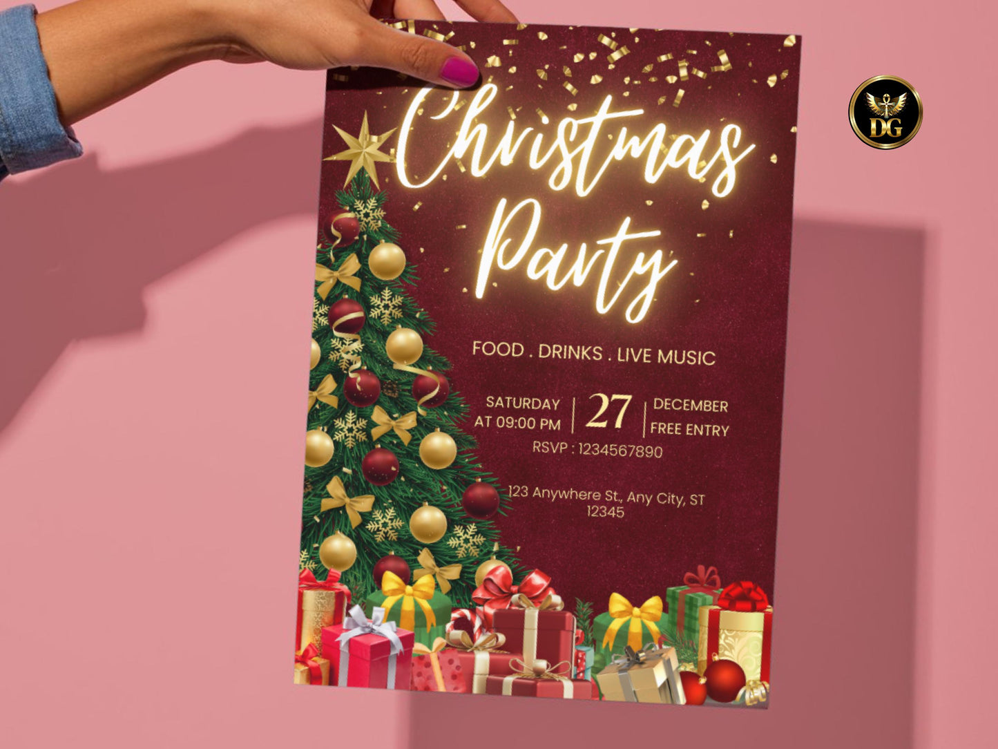 Christmas Party Invitation, Red Velvet Christmas Invite Template, Holiday Party Editable Canva, Friendsmas Dinner, Office Holiday Invite