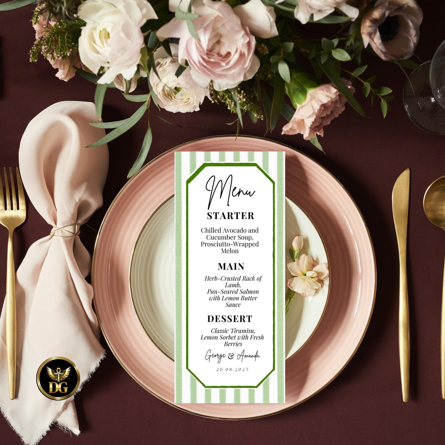 Green Striped Wedding Invitation Suite, Editable Canva Template, Classic Elegant Design, Printable Bundle with RSVP, Menu, Thank You Cards