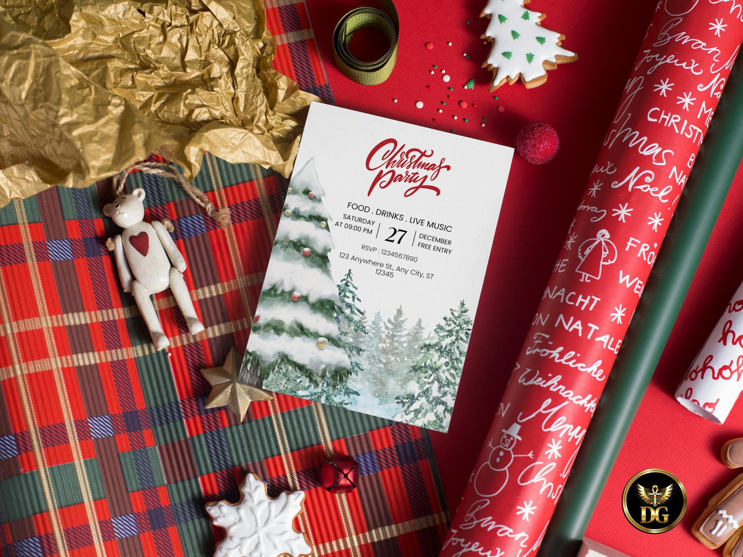 Christmas Party Invitation, Editable Canva Template, Snow Pine Holiday Invite, Printable Winter Card