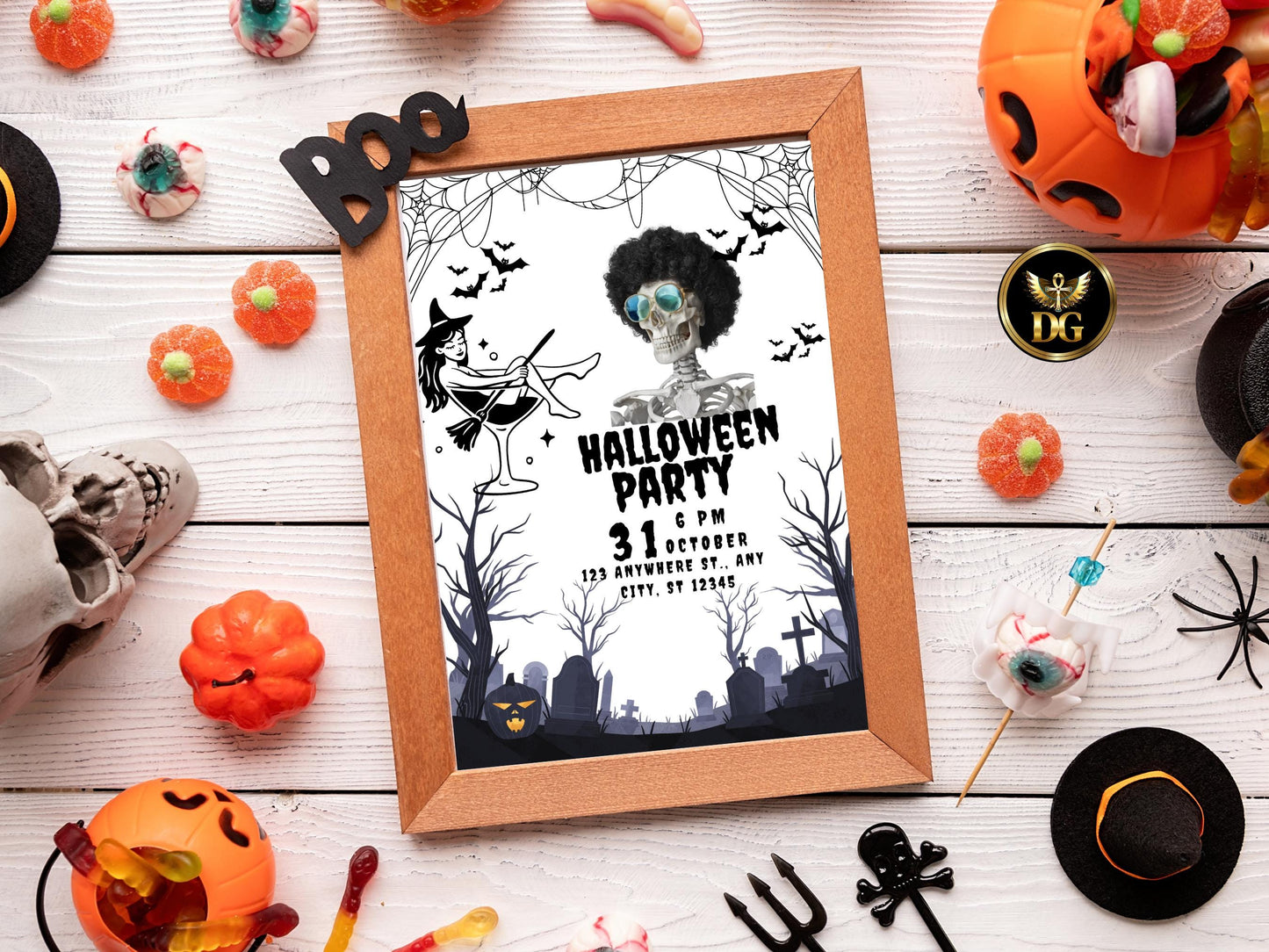 Spooky Halloween Party Invitation, Skeleton & Witch Design, Editable Canva Template, Dark Elegant Halloween Invite