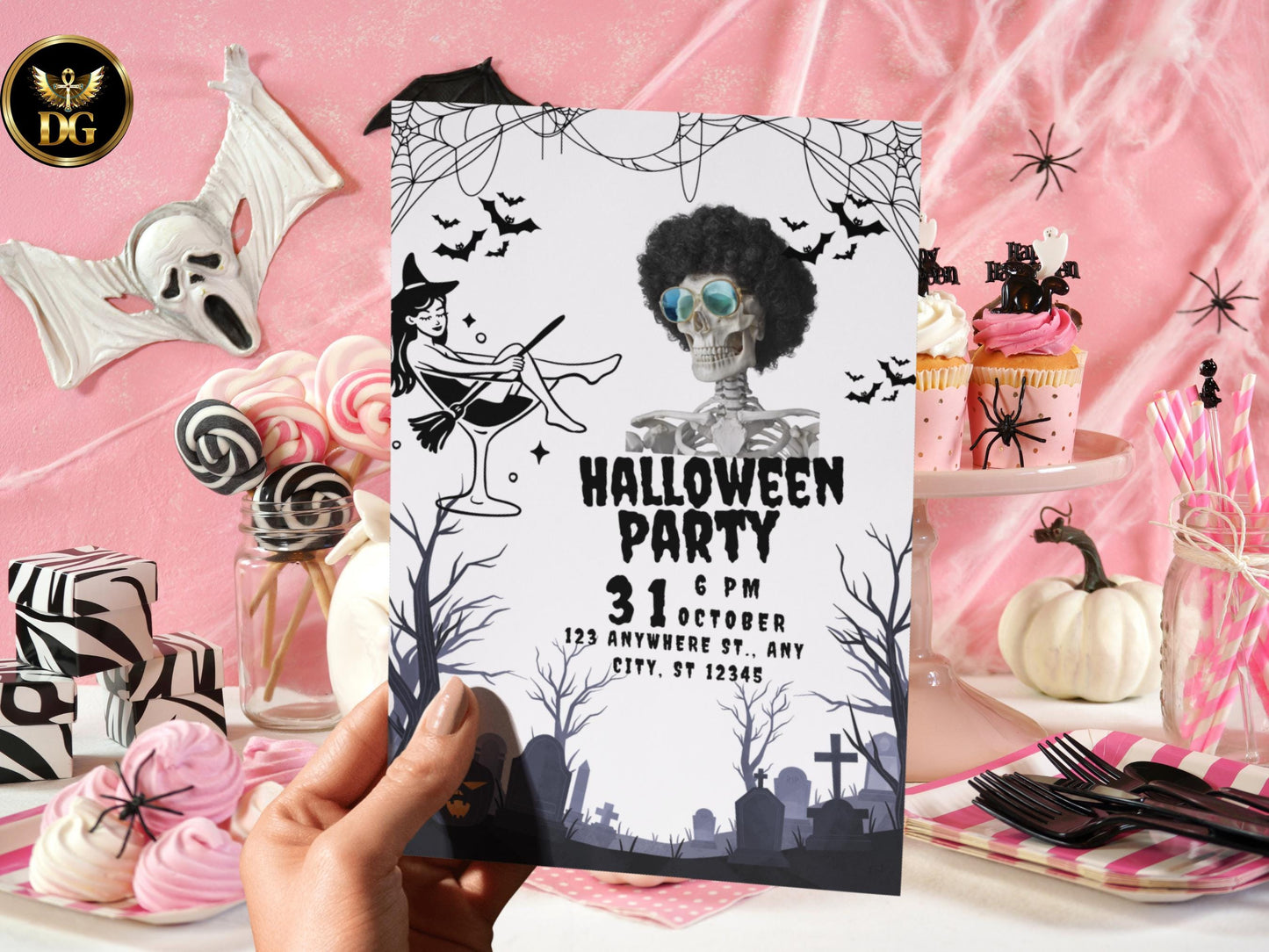 Spooky Halloween Party Invitation, Skeleton & Witch Design, Editable Canva Template, Dark Elegant Halloween Invite