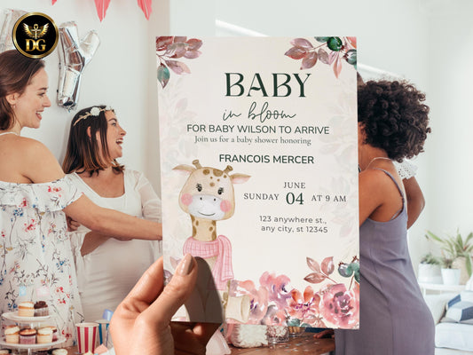 Baby in Bloom Baby Shower Invitation | Gender Neutral Yellow Giraffe Floral Theme | Editable Template