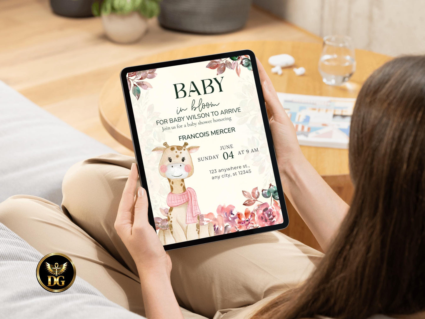 Baby in Bloom Baby Shower Invitation | Gender Neutral Yellow Giraffe Floral Theme | Editable Template