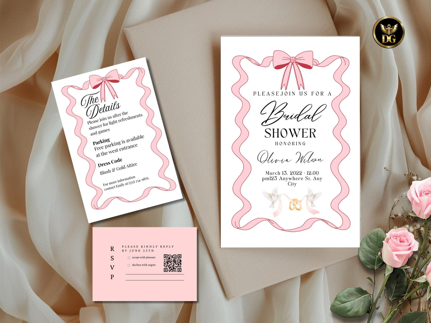 Elegant Wavy Ribbon Bridal Shower Invitation | Pink Bow Frame Set with RSVP & Details Cards | Feminine Minimalist Pre-Wedding Party Template