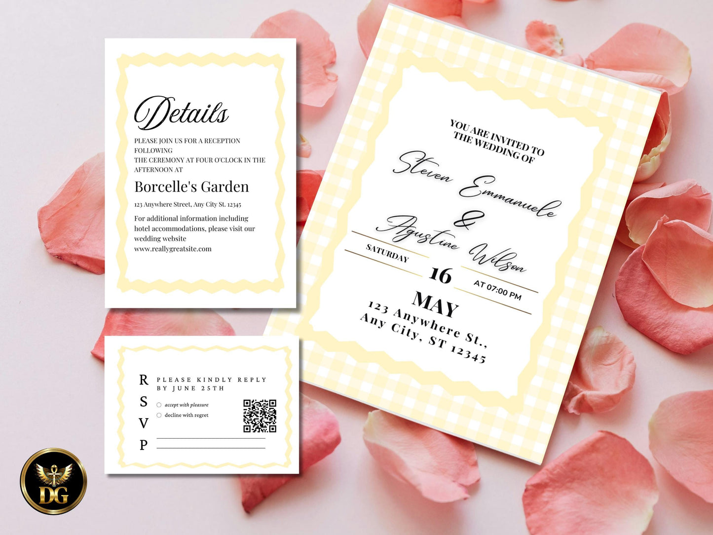 Yellow Plaid Wedding Invitation Suite | Minimalist Checkered Wedding Template with RSVP & Details | Printable Digital Download