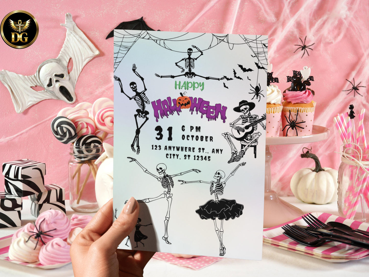 Halloween Party Invitation | Dancing Skeletons Editable Template | Spooky Printable Download