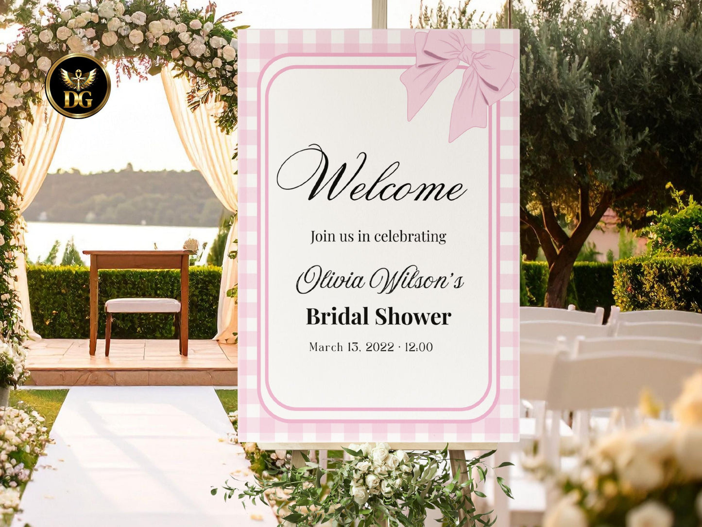 Pink Bow Bridal Shower Welcome Sign, Printable Bridal Shower Sign, Editable Canva Template, Modern Bridal Shower Decor