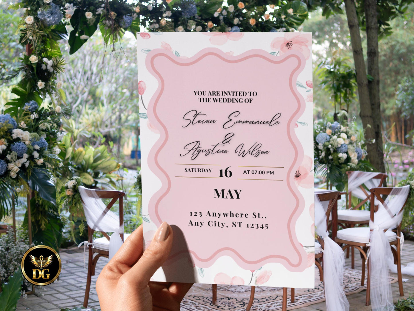 Wave Label Wedding Invitation Template Set Pink Floral Wedding Invitation Template Download, Editable Modern Wedding Invite Instant Download