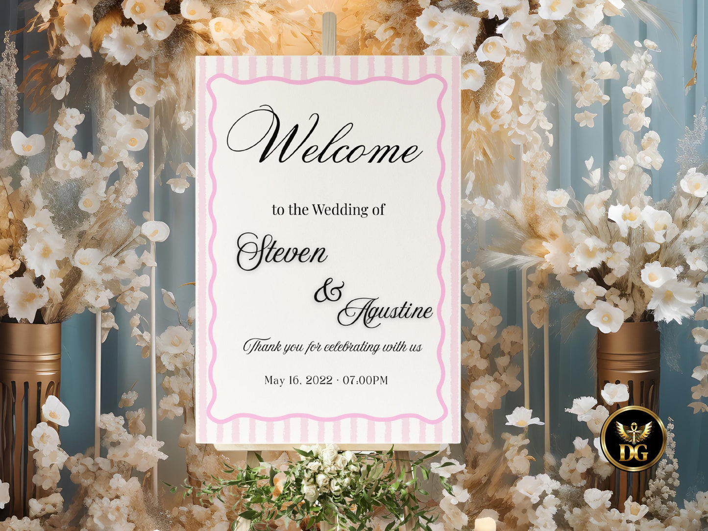 Pink Striped Wedding Welcome Sign – Modern Wave Label, Matching Wedding Invitation Set, Editable Canva Template, Instant Download