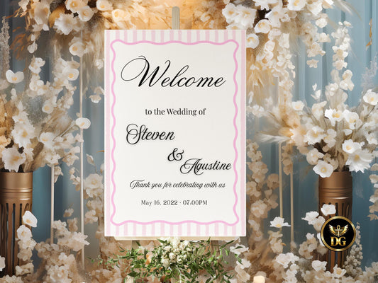 Pink Striped Wedding Welcome Sign – Modern Wave Label, Matching Wedding Invitation Set, Editable Canva Template, Instant Download