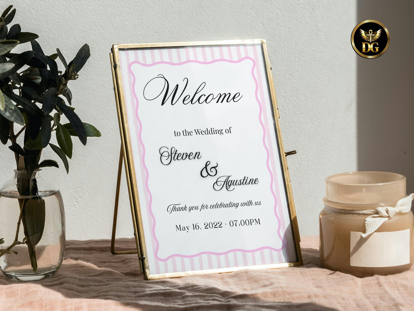 Pink Striped Wedding Welcome Sign – Modern Wave Label, Matching Wedding Invitation Set, Editable Canva Template, Instant Download