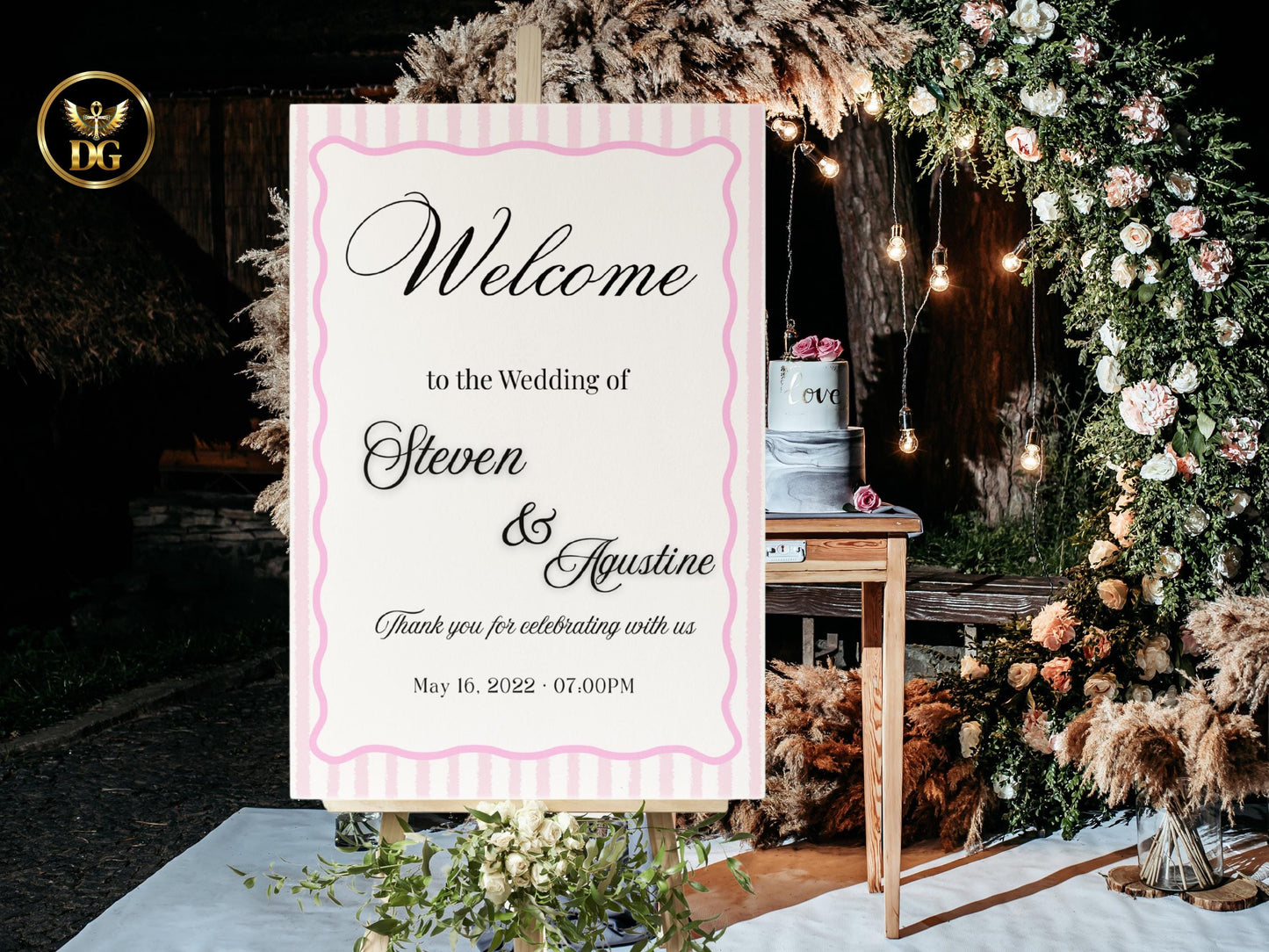 Pink Striped Wedding Welcome Sign – Modern Wave Label, Matching Wedding Invitation Set, Editable Canva Template, Instant Download